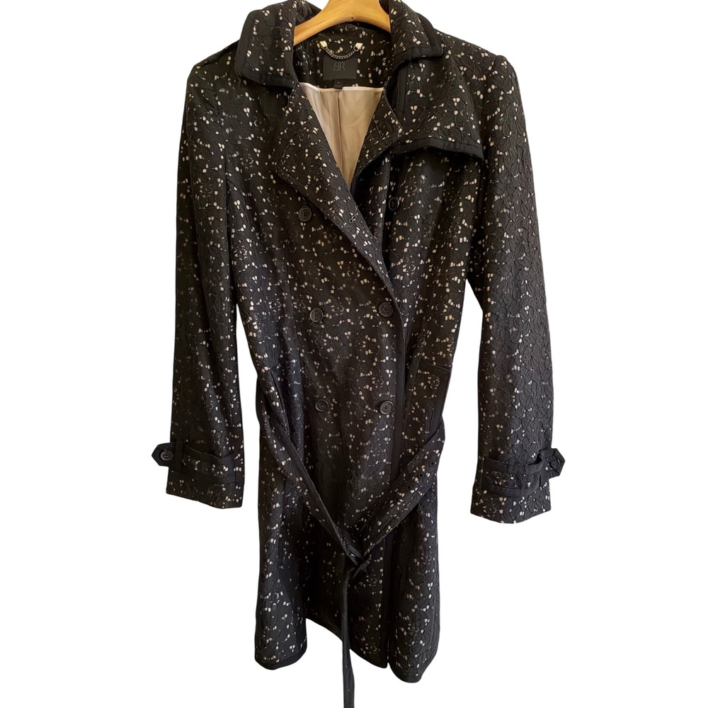 Banana Republic Monogram Black Lace Trench Coat M Belted Double Breasted Floral